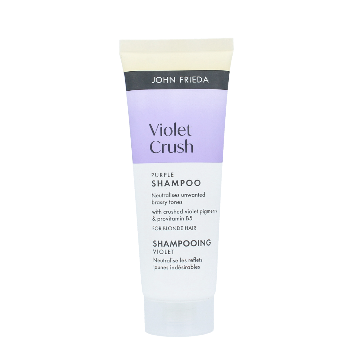 John Frieda Violet Crush purple shampoo bottle, 75ml, for blonde hair care, with purple and white packaging.