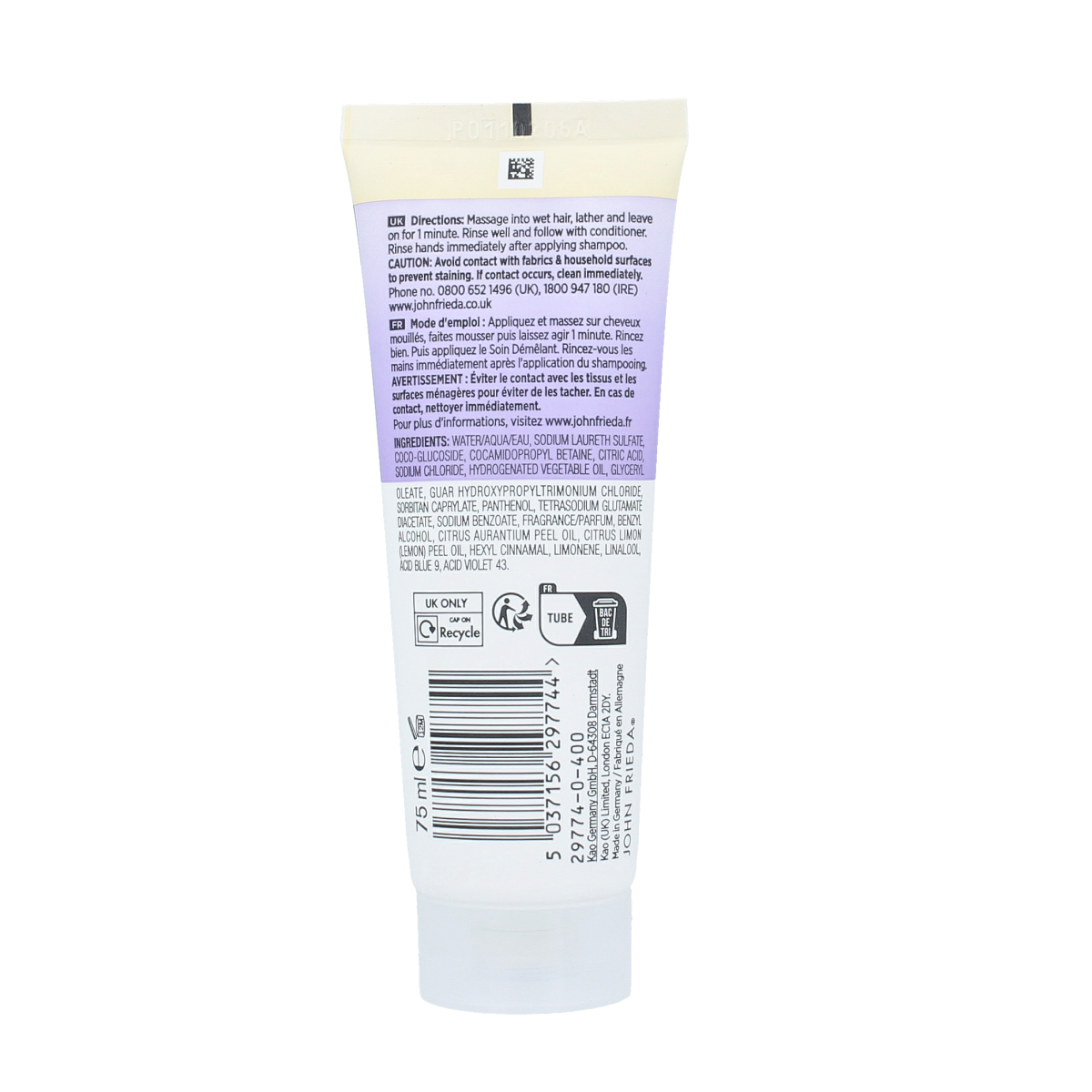 John Frieda Violet Crush purple shampoo bottle showing the 75ml size for hair care and color toning.