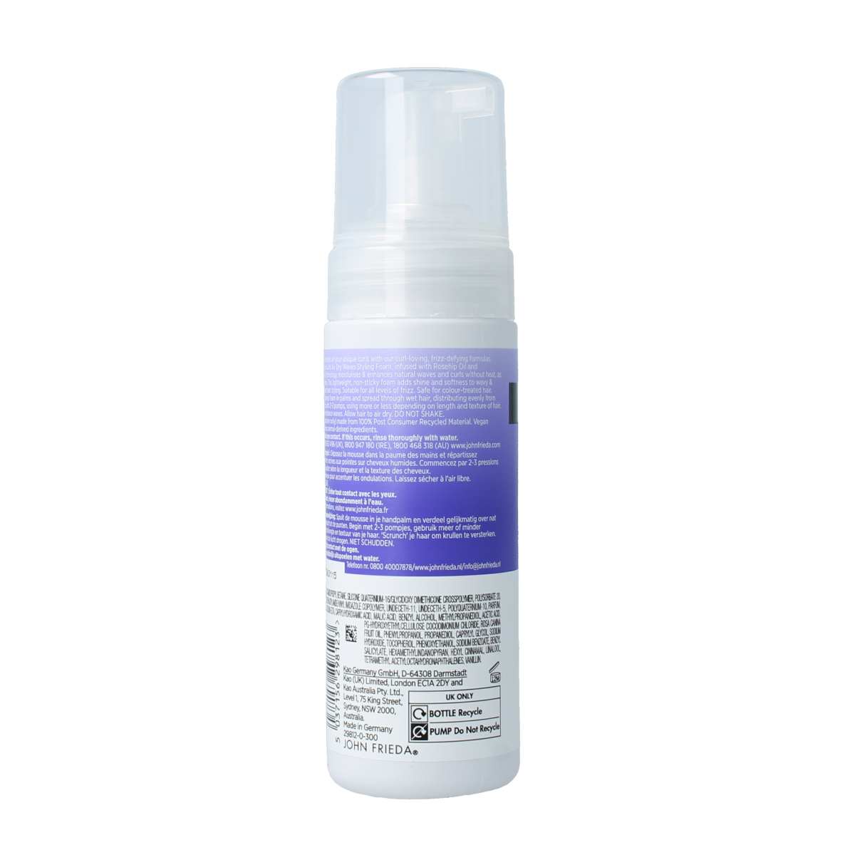 John Frieda Dream Curls styling foam for air-dried waves in a 150ml bottle, designed for volumizing and defining curly hair.