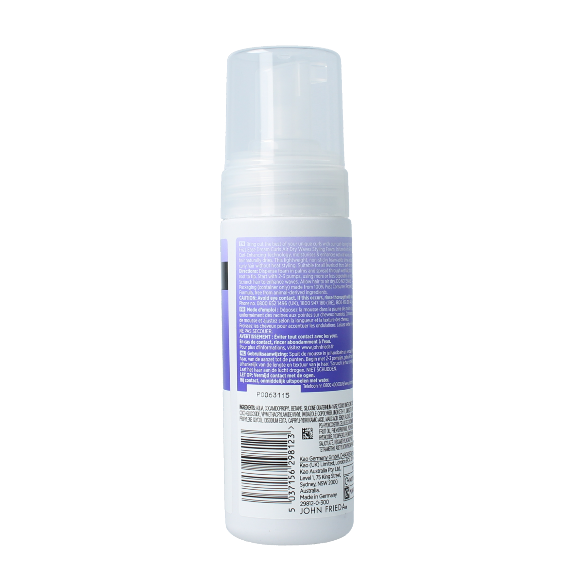 John Frieda Dream Curls styling foam for air-dried waves, 150ml bottle with textured hair and styling applicator in the image.