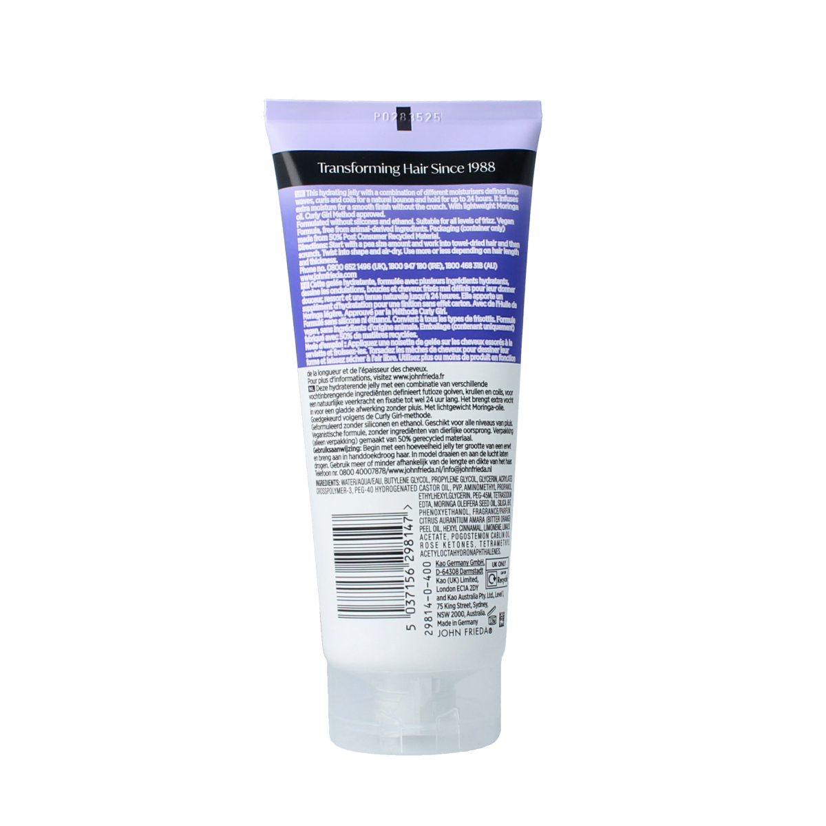 John Frieda Dream Curls hydrating curl jelly in a 200ml container, styled with curly hair and product label visible.