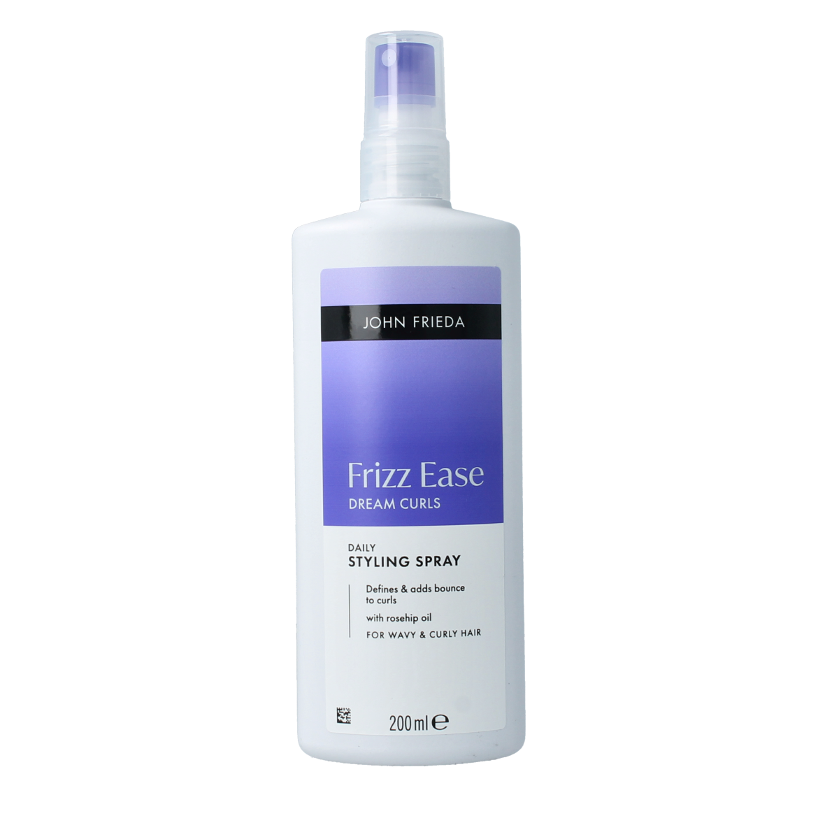 John Frieda Dream Curls styling spray bottle, 200ml, for enhancing and defining curly hair, in a sleek haircare packaging.