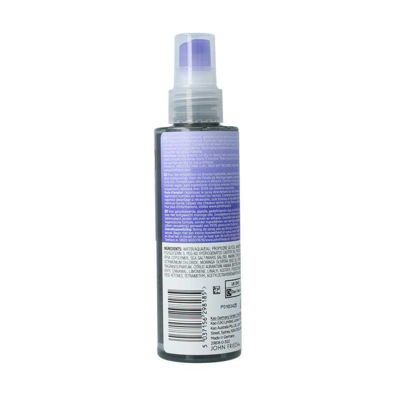 John Frieda Dream Curls revival spray oil for wavy hair, 150ml, with a sleek bottle and textured waves in the background.