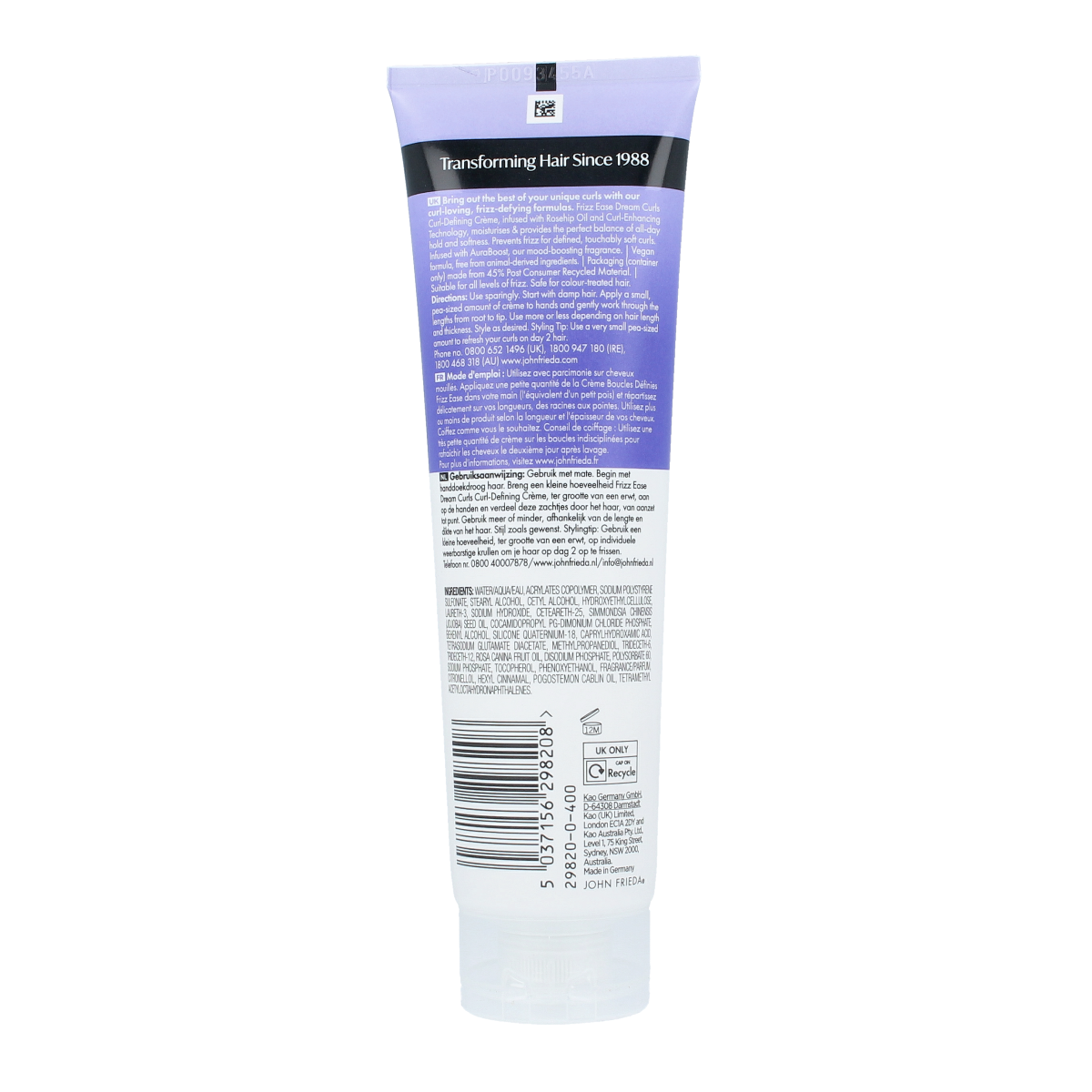 John Frieda Dream Curls Refining Cream 150ml for hair care, showing the product tube with blue and white packaging.