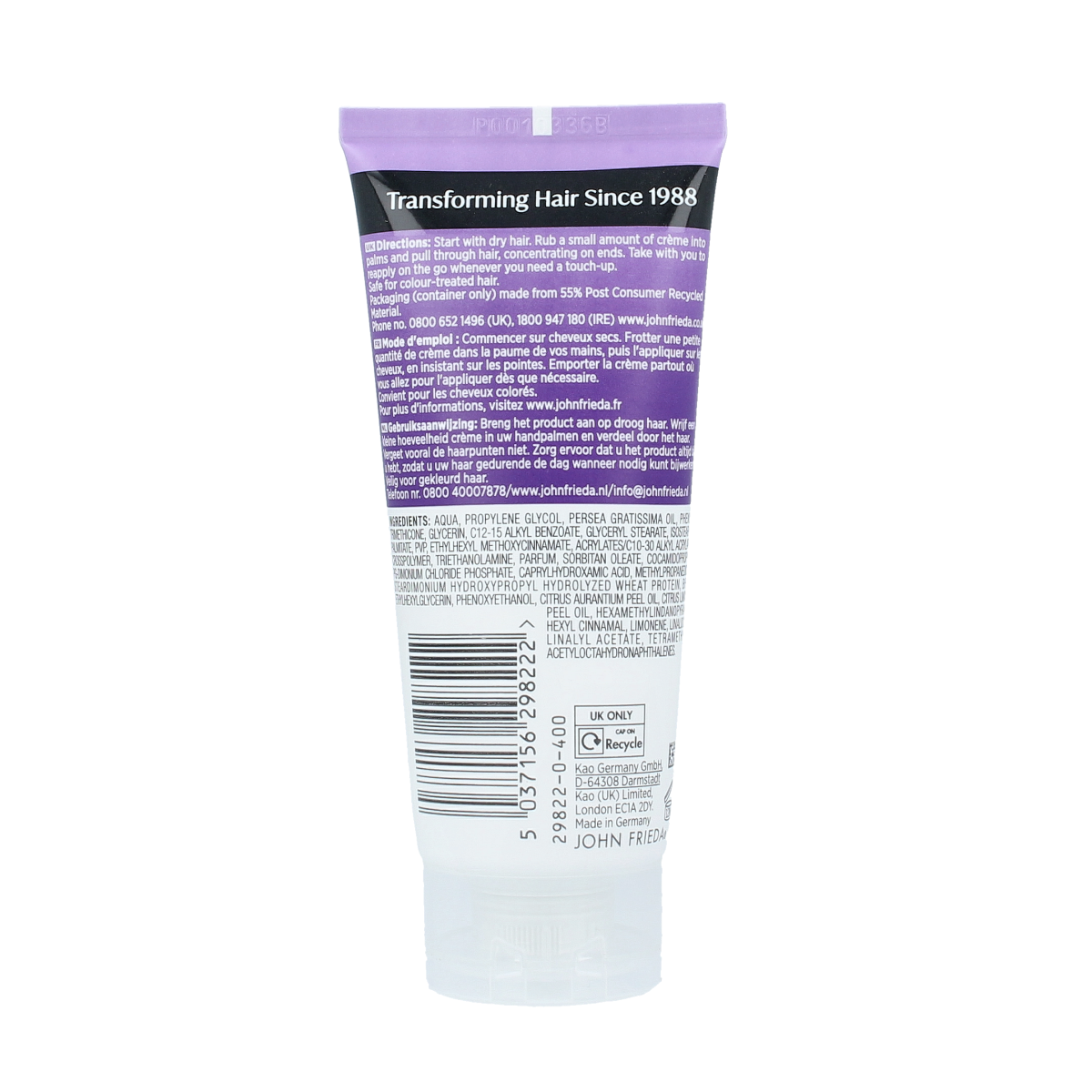 John Frieda Secret Agent Touch Up Creme 100ml for hair care, featuring a sleek tube with the product label visible.
