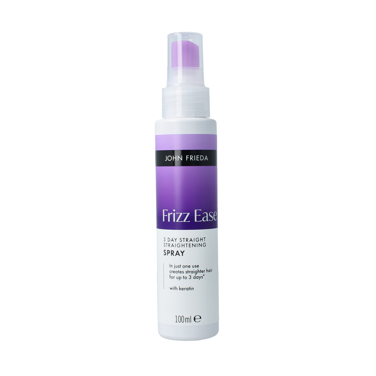John Frieda 3-Day Straight flat iron spray bottle, 200ml, for hair styling and heat protection, featuring sleek packaging and dispensing nozzle.