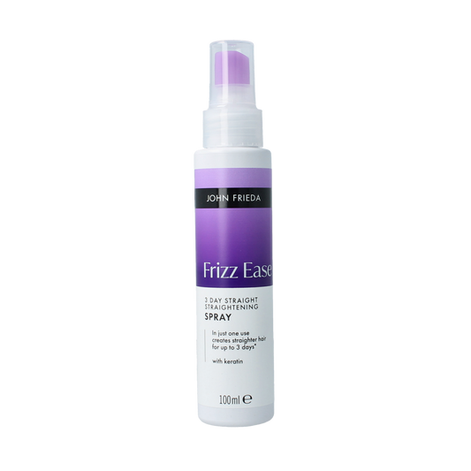 John Frieda 3-Day Straight flat iron spray bottle, 200ml, for hair styling and heat protection, featuring sleek packaging and dispensing nozzle.