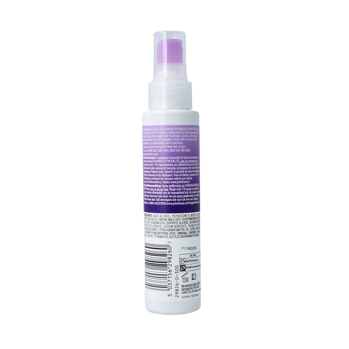 John Frieda 3-Day Straight flat iron spray in 200ml bottle, hair styling product for long-lasting straight hair.