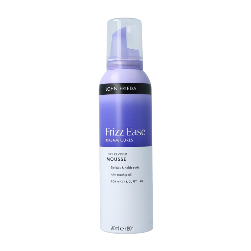 John Frieda Dream Curls Reviver Mousse 200ml for styling curly hair, shown in a clear bottle with a white pump nozzle.