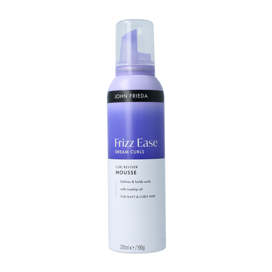 John Frieda Dream Curls Reviver Mousse 200ml for styling curly hair, shown in a clear bottle with a white pump nozzle.