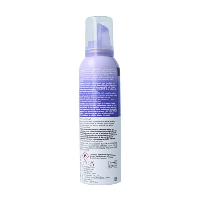John Frieda Dream Curls Reviver Mousse 200ml for enhancing and defining curly hair, styled in a clear pump bottle.