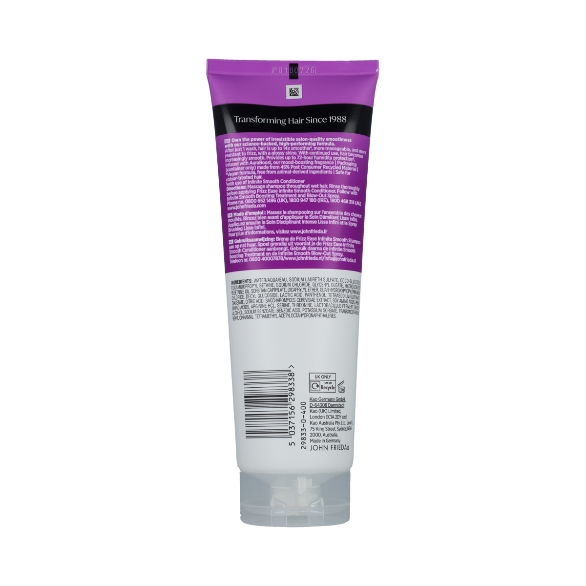 John Frieda Infinite Smooth Shampoo bottle, 250 ml, for sleek hair, with a white and purple label, on a plain background.