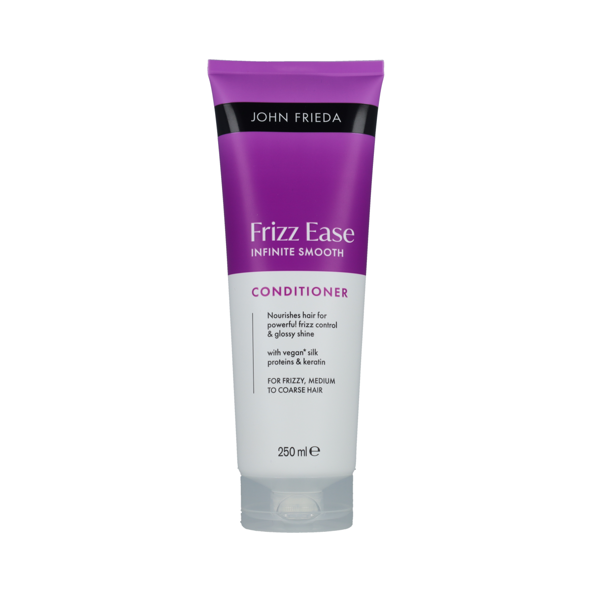 John Frieda Infinite Smooth Conditioner bottle, 250ml, in a sleek hair care product image featuring the brand's packaging.