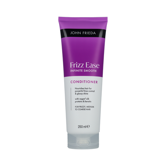 John Frieda Infinite Smooth Conditioner bottle, 250ml, in a sleek hair care product image featuring the brand's packaging.