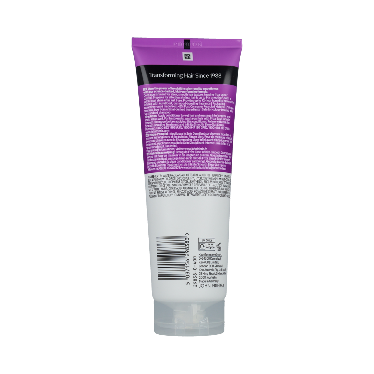 John Frieda Infinite Smooth Conditioner 250ml, a hair care product in a sleek bottle with a flip-top cap, designed for smooth, manageable hair.
