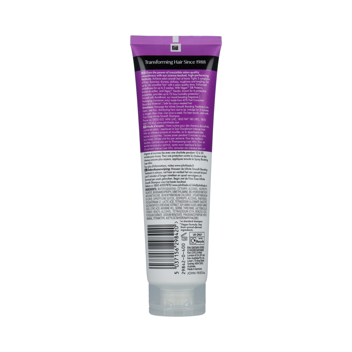 John Frieda Infinite Smooth Hair Treatment bottle, 150ml, for smoothing and nourishing hair care.