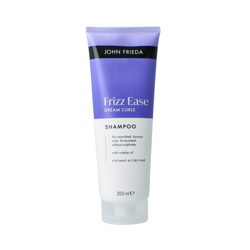 John Frieda Dream Curls shampoo bottle, 250ml, for curly hair, in a white and purple packaging with brand logo.