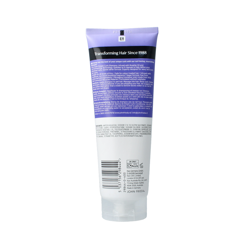 John Frieda Dream Curls shampoo 250ml bottle, hair care product with curly hair illustration in a sleek packaging design