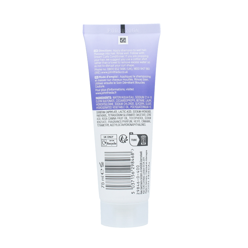 John Frieda Dream Curls shampoo 75ml bottle, moisturizing hair care product for curly hair, with blue and white packaging.