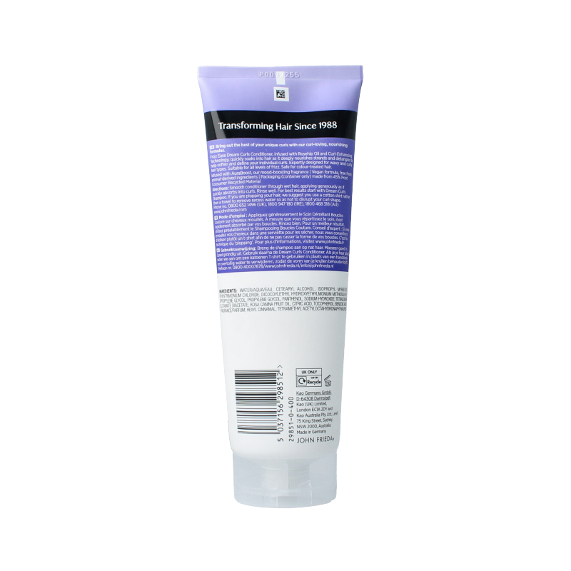 John Frieda Dream Curls conditioner in a 250ml bottle, designed for curly hair care, with a sleek blue and white packaging.