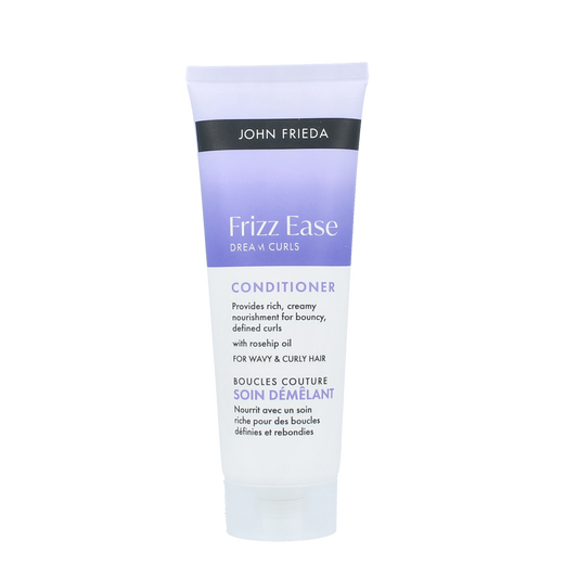 John Frieda Dream Curls conditioner 75ml bottle, hair care product with curly hair formulas, in a sleek white and purple packaging