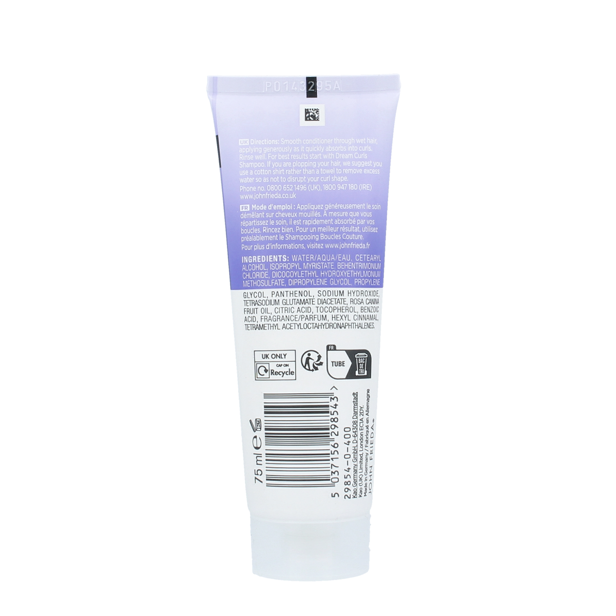 John Frieda Dream Curls conditioner in 75ml tube, hair care product for curly hair, with blue and white packaging.