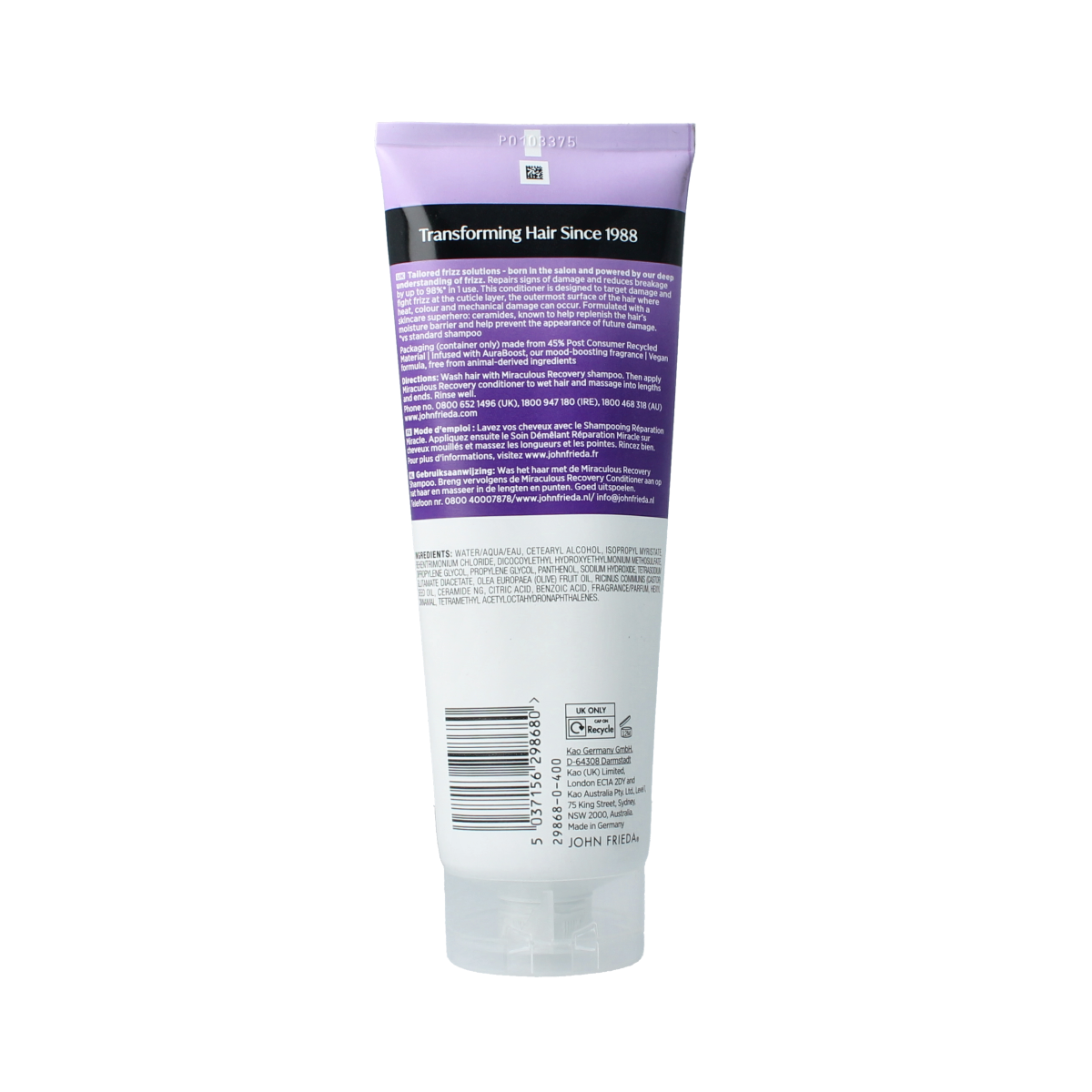 John Frieda Miraculous Recovery Conditioner 250ml bottle, showcasing the hair care product designed for damaged hair recovery.