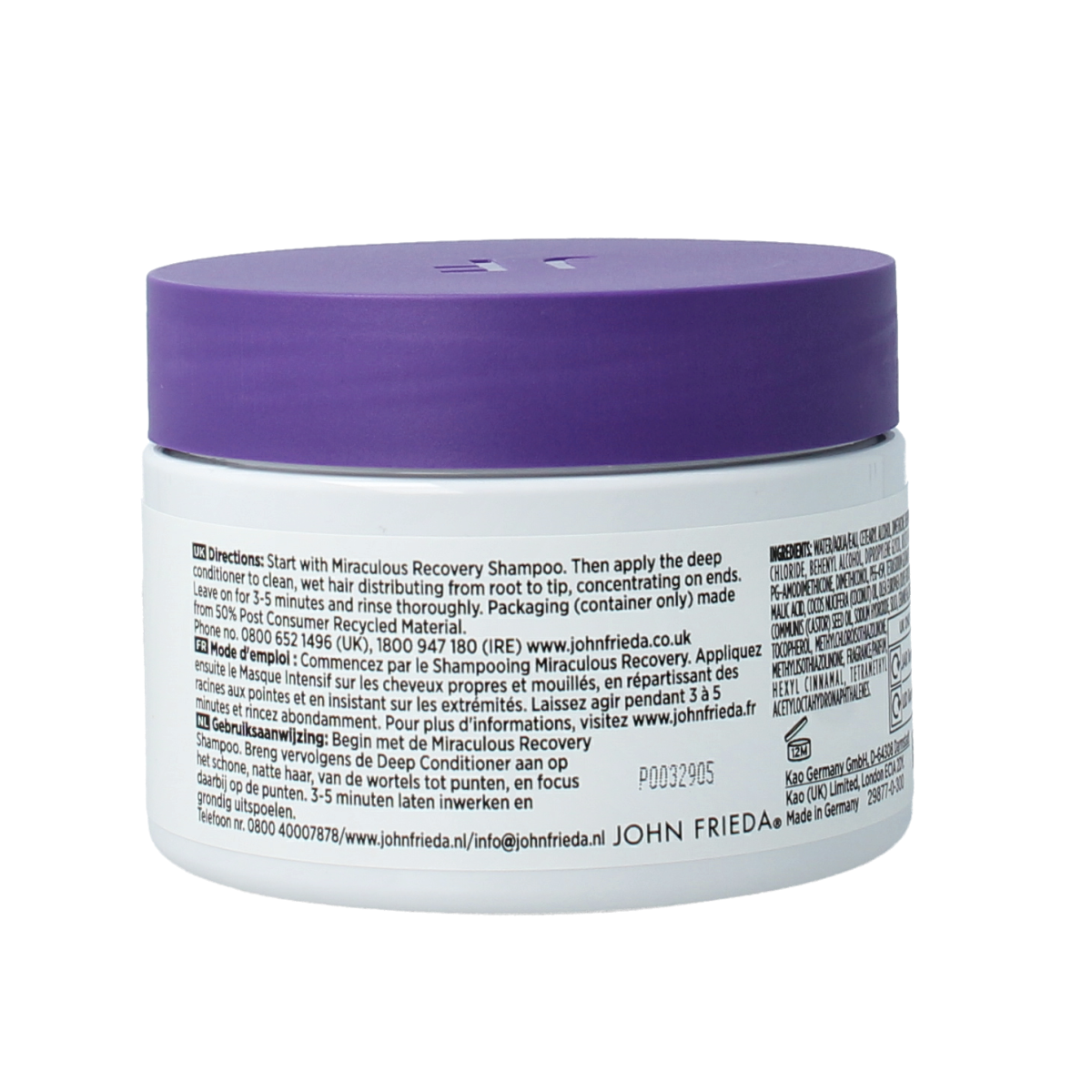 John Frieda Miraculous Recovery deep conditioner for hair, 250ml bottle, nourishing hair treatment, smooth and revitalizes hair.