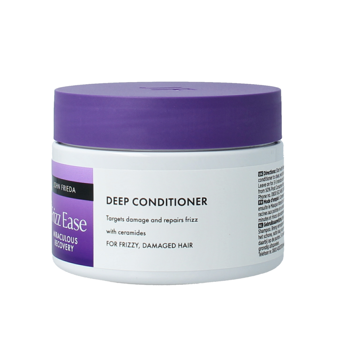 John Frieda Miraculous Recovery deep conditioner for hair, 250ml, shown in a sleek bottle, ideal for nourishing and repairing damaged hair.