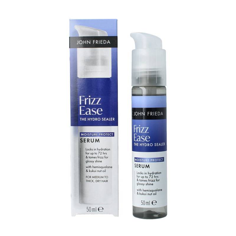 John Frieda Original hair serum 50ml bottle, smooth and shiny hair care product, with clear label and pump dispenser.