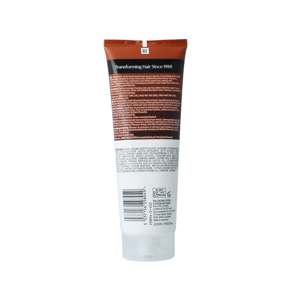 John Frieda Color Vibrancy Shampoo 250ml bottle, showcasing the purple and white packaging for hair color protection.