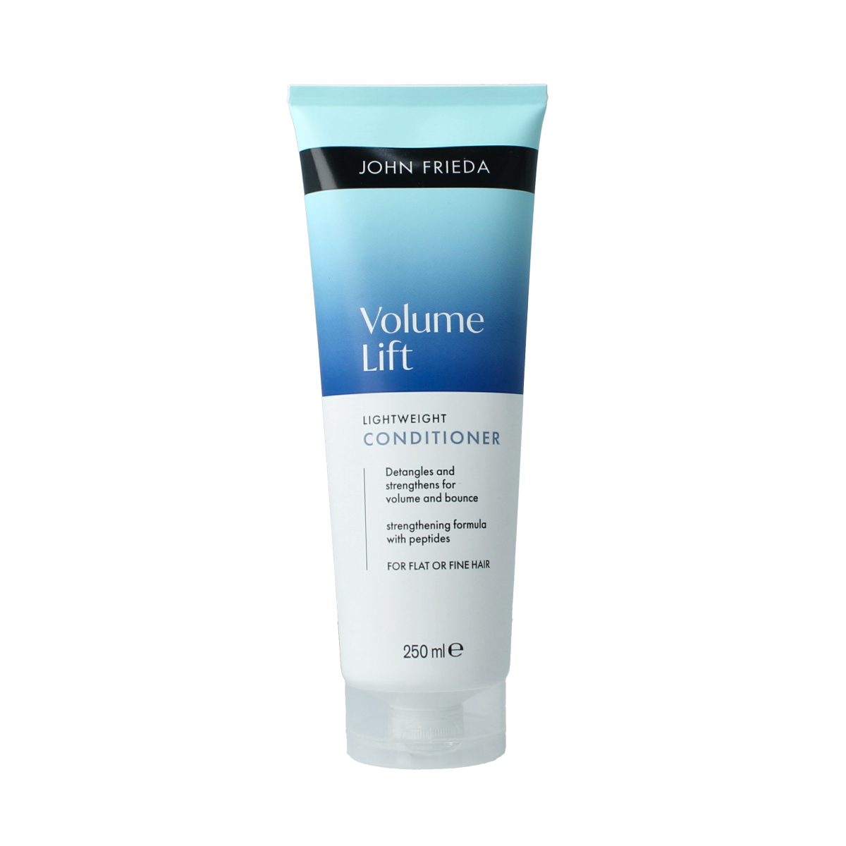 John Frieda Volume Lift lightweight conditioner in 250ml bottle, showcasing smooth hair with added volume and lift.