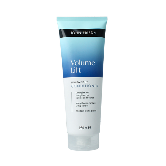 John Frieda Volume Lift lightweight conditioner in 250ml bottle, showcasing smooth hair with added volume and lift.