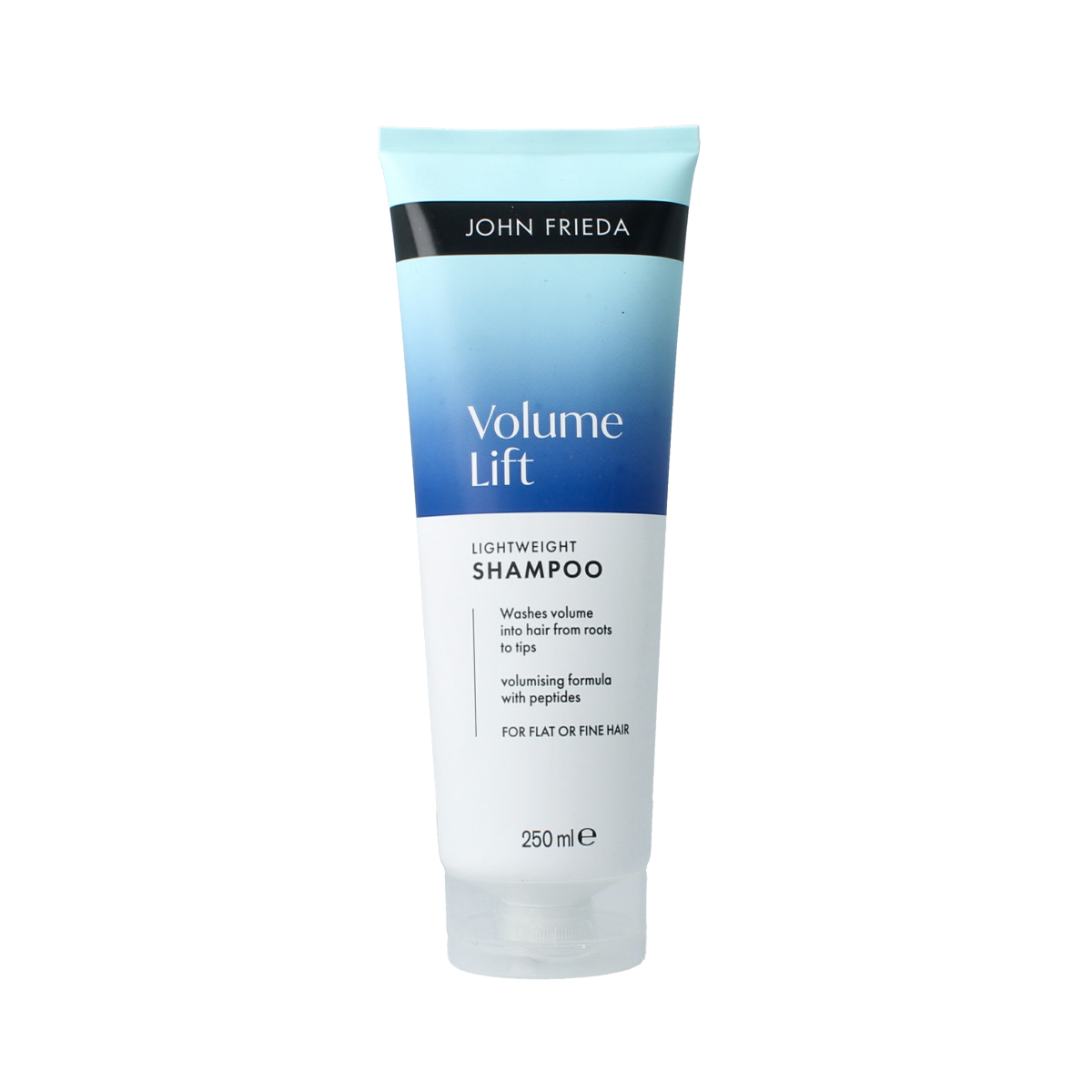 John Frieda Volume Lift lightweight shampoo bottle, 250ml, in a sleek design, ideal for adding volume and body to hair.
