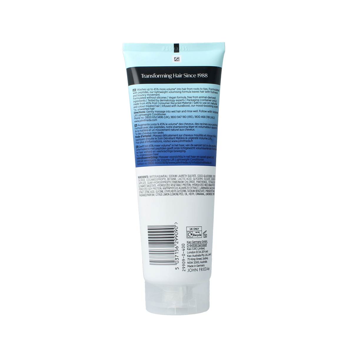 John Frieda Volume Lift lightweight shampoo bottle, 250ml, for adding volume and fullness to hair in a natural, clean design.
