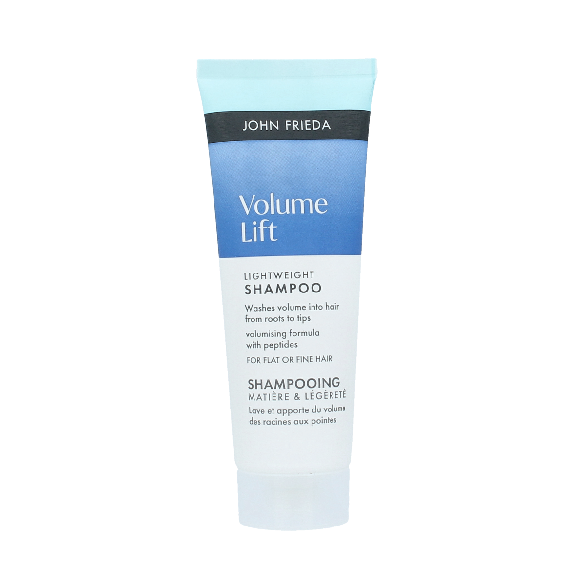 John Frieda Volume Lift shampoo bottle, lightweight hair care product in 75ml size, designed to add volume to hair.
