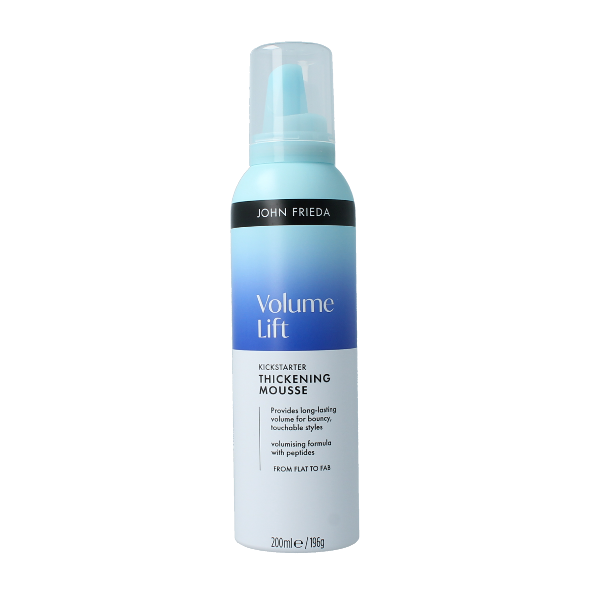 John Frieda Volume Lift thickening mousse bottle, 200ml, with a white and blue label, used for adding volume and body to hair