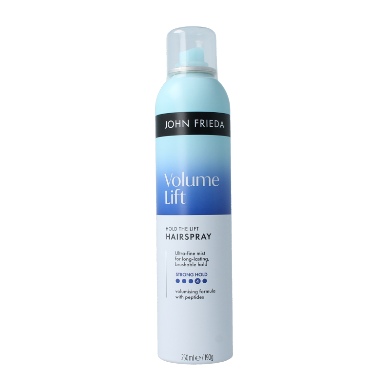 John Frieda Volume Lift hairspray 250ml bottle, hair styling product with a spray nozzle, designed to add volume to hair.