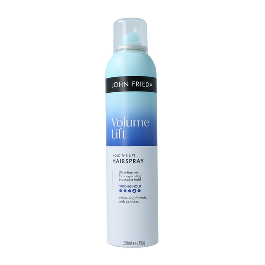 John Frieda Volume Lift hairspray 250ml bottle, hair styling product with a spray nozzle, designed to add volume to hair.