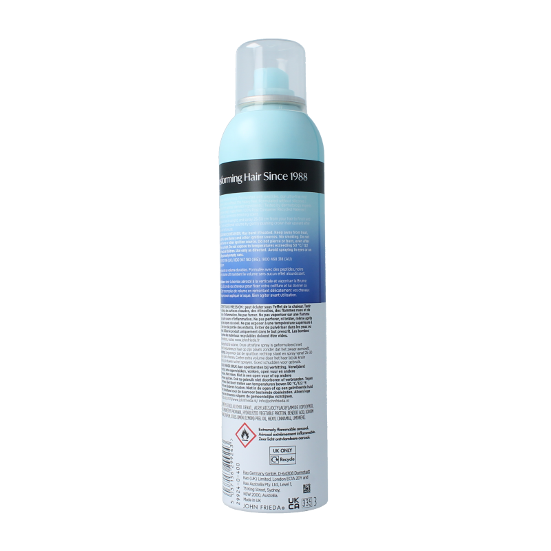 John Frieda Volume Lift hairspray 250ml bottle for hair styling, with a clear spray nozzle and bright packaging.