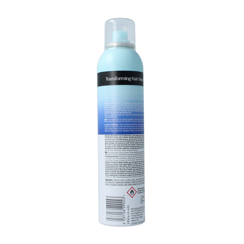 John Frieda Volume Lift hairspray in 250ml bottle, hair styling product with a spray nozzle for volume and hold.