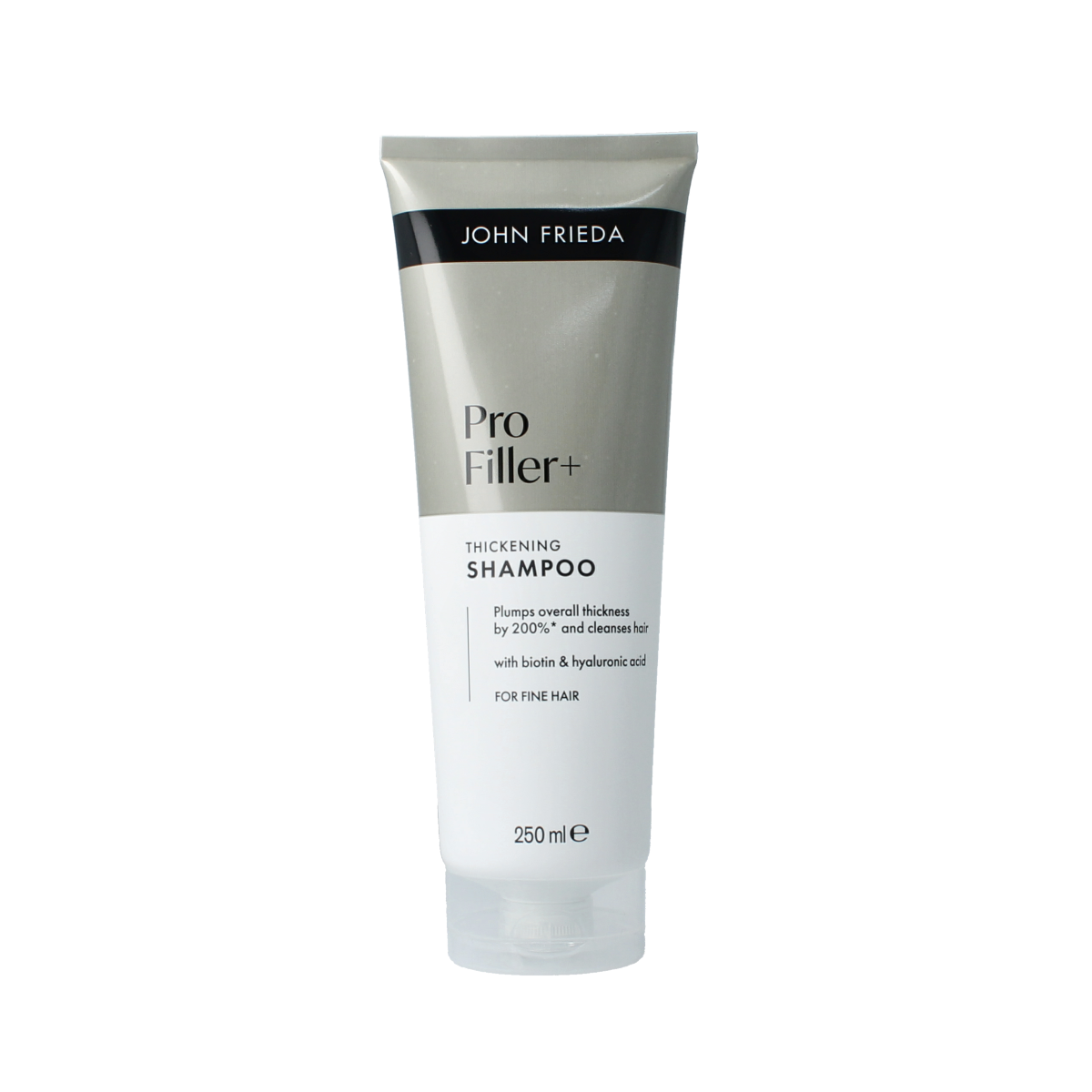 John Frieda Profiller+ shampoo bottle, 250ml, in a sleek white container with blue and green accents for hair care.