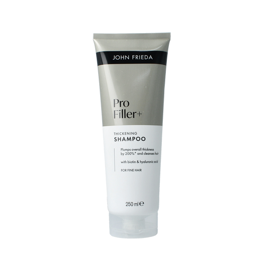 John Frieda Profiller+ shampoo bottle, 250ml, in a sleek white container with blue and green accents for hair care.