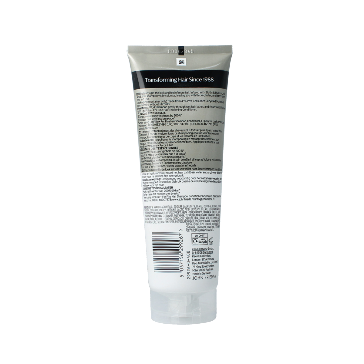 John Frieda Profiller+ shampoo bottle, 250ml, in a sleek white and purple packaging for hair care and cleansing.
