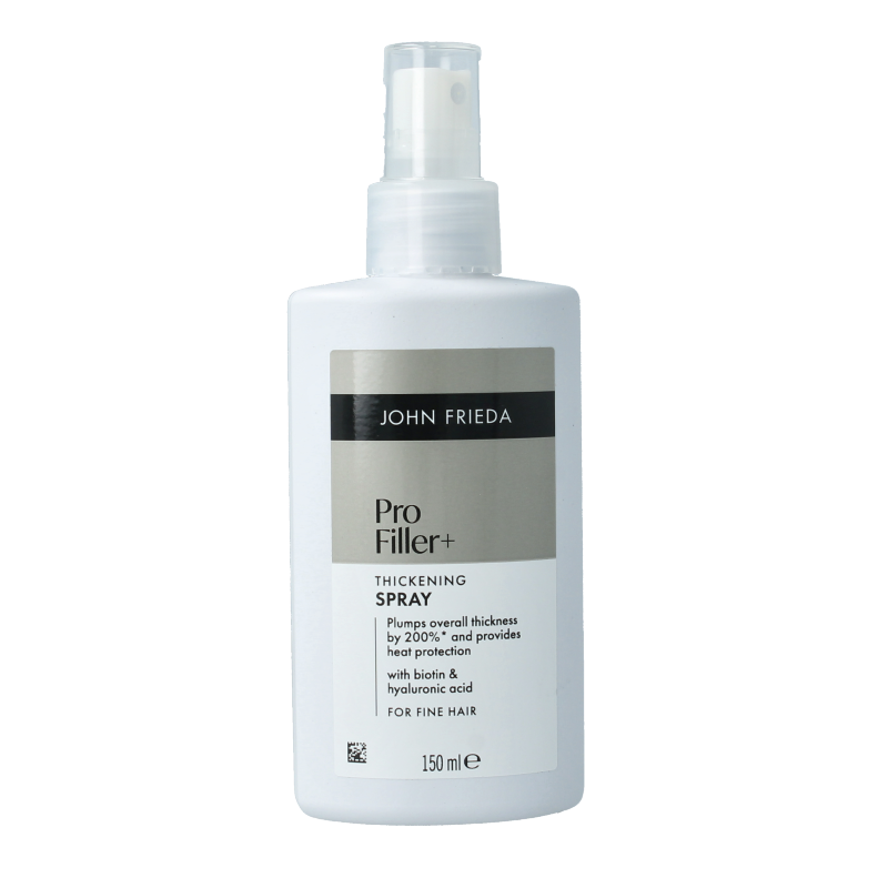 John Frieda Profiller+ thickening spray bottle for hair, 150ml, in a clear plastic container with a spray nozzle.