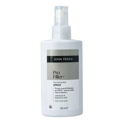 John Frieda Profiller+ thickening spray bottle for hair, 150ml, in a clear plastic container with a spray nozzle.
