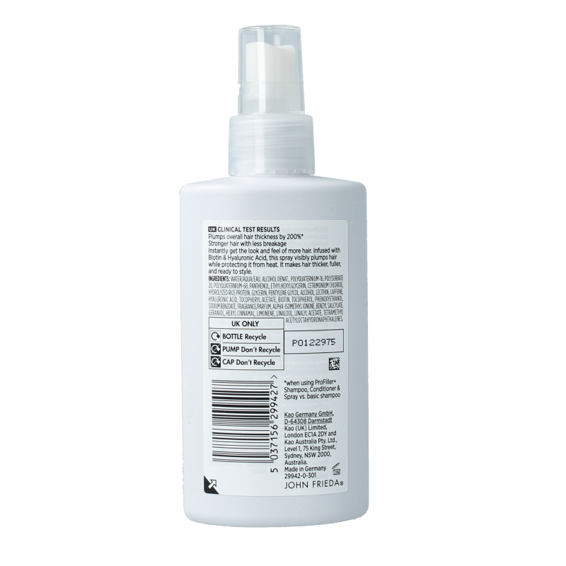 John Frieda Profiller+ thickening spray bottle for hair, 150ml, in a sleek packaging, designed to add volume and fullness to hair.