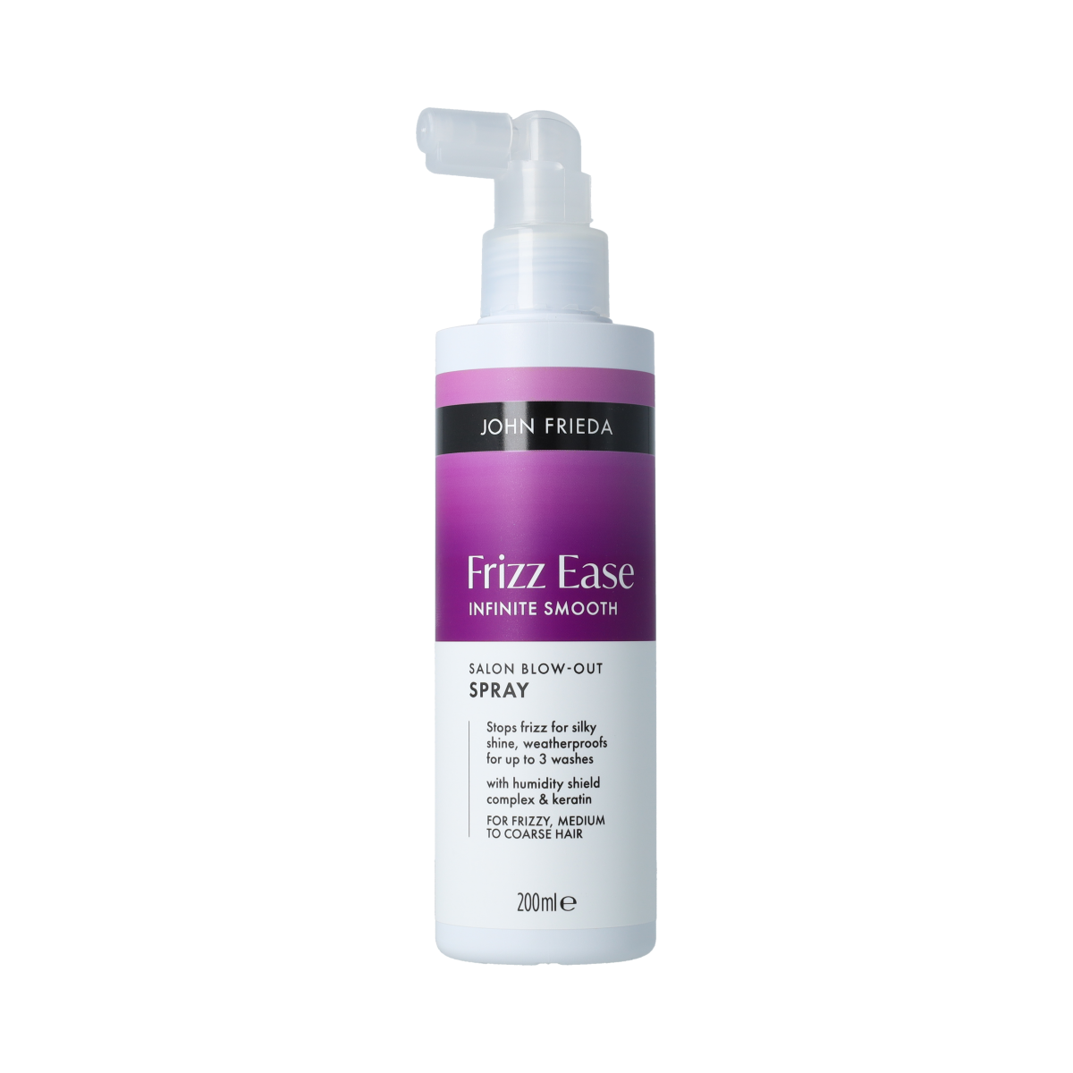 John Frieda Infinite Smooth Blow Out Spray 200ml, hair styling product for smooth, frizz-free hair with a sleek finish.