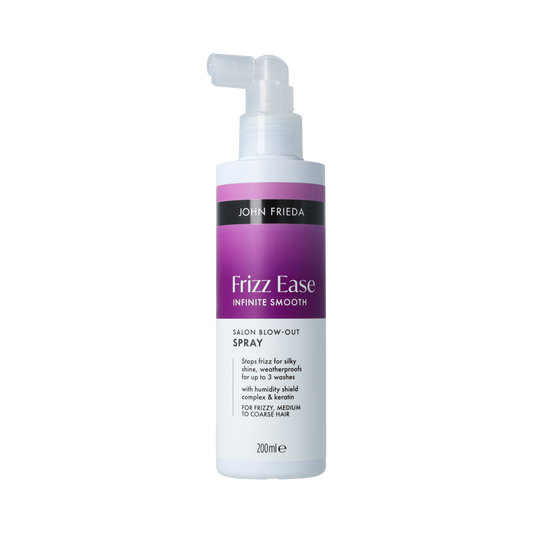 John Frieda Infinite Smooth Blow Out Spray 200ml, hair styling product for smooth, frizz-free hair with a sleek finish.