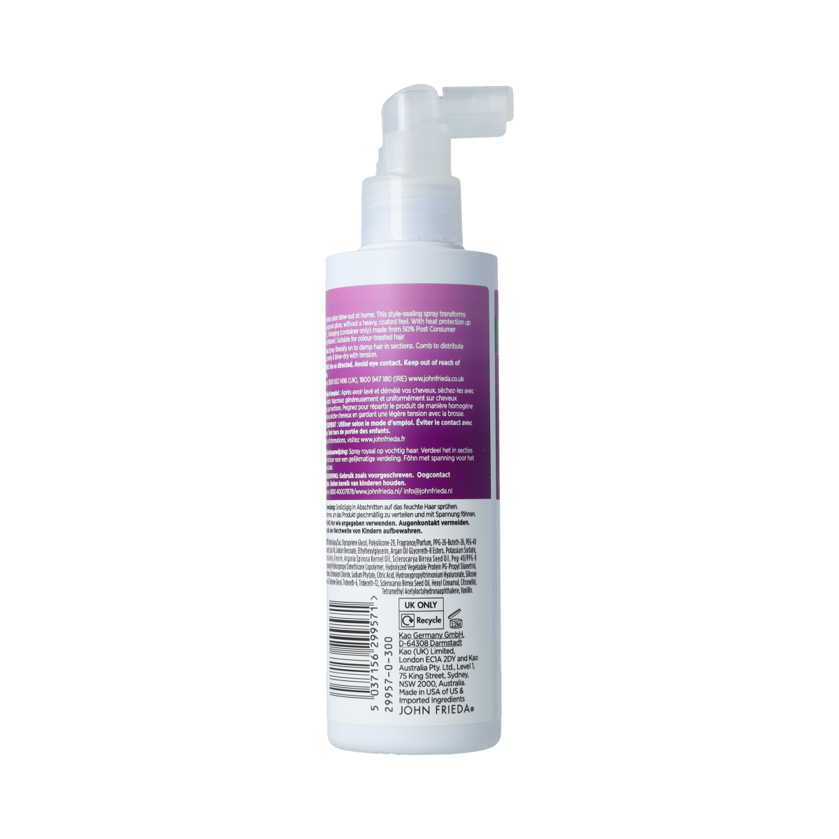John Frieda Infinite Smooth Blow Out Spray, 200ml, hair care product showing spray bottle with label and nozzle